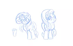Size: 3500x2200 | Tagged: safe, artist:ideltavelocity, derpibooru import, starlight glimmer, sunset shimmer, pony, unicorn, coffee cup, counterparts, cup, leg warmers, monochrome, twilight's counterparts, wip