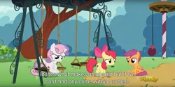 Size: 1920x960 | Tagged: apple bloom, caption, cutie mark, cutie mark crusaders, derpibooru import, discovery family logo, edit, edited screencap, meme, on your marks, safe, scootaloo, screencap, sweetie belle, swing, the cmc's cutie marks, youtube caption