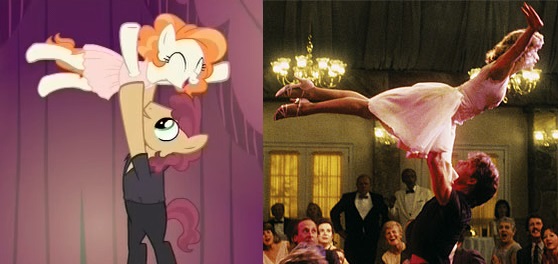 Size: 558x264 | Tagged: safe, derpibooru import, screencap, unnamed character, unnamed pony, pony, on your marks, background pony, comparison, dirty dancing, female, frances "baby" houseman, jennifer grey, johnny castle, male, mare, patrick swayze, patrot hayze, prances "baby" housemane, stallion