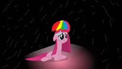 Size: 1280x720 | Tagged: derpibooru import, hat, nature cat, party of one, pinkamena diane pie, pinkie pie, rain, sad, safe, tally ho! a rainbow!, umbrella hat