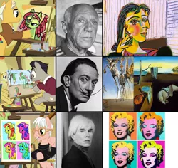 Size: 1909x1800 | Tagged: safe, derpibooru import, screencap, peachy pitt, pop art (character), tree hugger, ponified, pony, on your marks, andy warhol, bust, cubism, discovery family logo, marilyn monroe, modern art, pablo picasso, portrait, reference, salvador dalí, the persistence of memory, the temptation of saint anthony