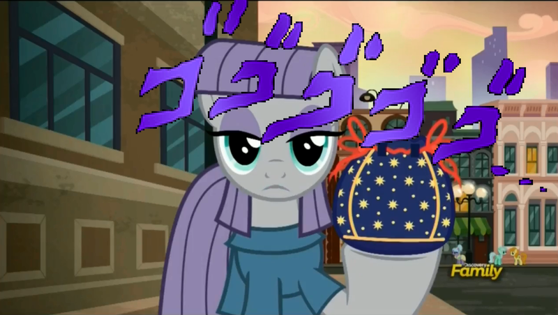 Size: 1270x717 | Tagged: death stare, derpibooru import, edit, edited screencap, jojo's bizarre adventure, maud pie, menacing, muda pie, rock pouch, safe, screencap, the fire in her eyes, the gift of the maud pie, ゴ ゴ ゴ