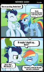 Size: 400x645 | Tagged: safe, artist:fuzzette, derpibooru import, rainbow dash, soarin', pony, newbie dash, backwards cutie mark, comic, implied shipping, implied soarindash, implied straight, nickname