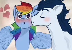 Size: 1024x717 | Tagged: safe, artist:slytherinakatsuki, derpibooru import, rainbow dash, soarin', pony, blushing, female, kissing, male, shipping, soarindash, straight