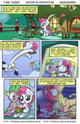 Size: 1024x1582 | Tagged: safe, artist:wadusher0, derpibooru import, mane-iac, rainbow dash, soarin', spike, oc, oc:gale flower, dragon, ferret, pony, comic:time fades, american football, canon x oc, comic, female, male, offspring, parent:fluttershy, parent:soarin', parents:soarinshy, shipping, sports, straight, winged spike