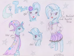 Size: 2002x1503 | Tagged: safe, artist:marta4708, derpibooru import, trixie, pony, bipedal, cape, clothes, flower, flower in hair, solo, traditional art, trixie's cape