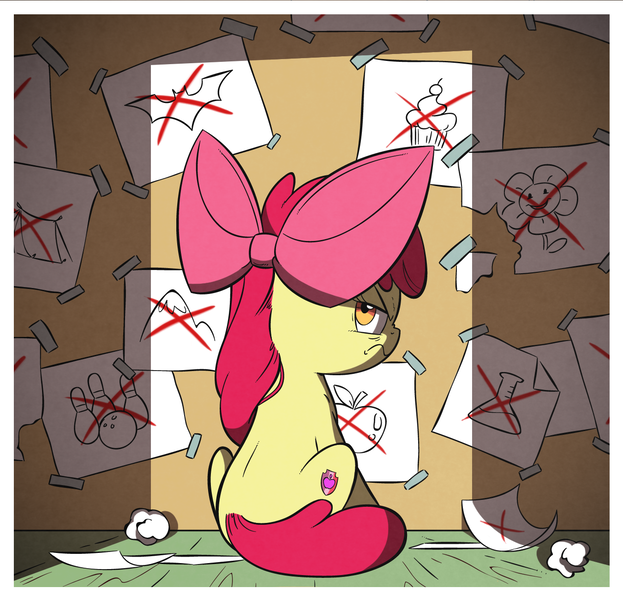 Size: 1350x1300 | Tagged: safe, artist:wandrevieira1994, derpibooru import, apple bloom, on your marks, apple bloom's bow, batman logo, bow, clubhouse, crusaders clubhouse, cutie mark, hair bow, image, png, scene interpretation, scowl, sitting, snapple bloom, solo, the cmc's cutie marks