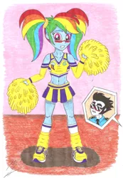 Size: 4840x6982 | Tagged: suggestive, artist:metaldudepl666, derpibooru import, part of a set, rainbow dash, soarin', human, abs, absurd resolution, alternate hairstyle, belly button, blushing, cheerleader, clothes, embarrassed, female, fetish, humanized, lip bite, male, midriff, offscreen character, pigtails, pom pom, shipping, shoes, skirt, sneakers, sneakers fetish, soarindash, socks, solo, straight, traditional art