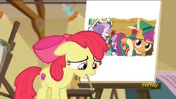 Size: 1280x720 | Tagged: apple bloom, apple bloom's painting, butt, clothes, cow belle, cowgirl outfit, cutie mark, derpibooru import, discovery family logo, edit, edited screencap, lederhosen, looking at you, meme, on your marks, out of context, painting, plot, plot pair, safe, scootaloo, screencap, sweetie belle, the cmc's cutie marks, yodeloo