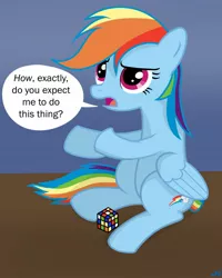 Size: 1024x1280 | Tagged: artist:nuka-kitty, derpibooru import, franklin gothic medium, funny, rainbow dash, rubik's cube, safe, silly, solo