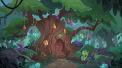 Size: 1920x1080 | Tagged: bottle, derpibooru import, everfree forest, forest, mask, no pony, on your marks, safe, scenery, scenery porn, screencap, tree, zecora's hut