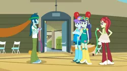 Size: 1024x576 | Tagged: safe, derpibooru import, screencap, aqua blossom, blueberry cake, captain planet, rose heart, equestria girls, equestria girls (movie), background human, boots, clothes, female, male, pants, shoes, skirt, sneakers, streamers, time to come together