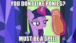 Size: 888x499 | Tagged: safe, derpibooru import, twilight sparkle, twilight sparkle (alicorn), alicorn, pony, caption, exploitable meme, female, image macro, mare, meme, must be a spell, text