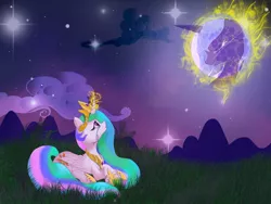 Size: 1600x1200 | Tagged: artist:kanon-suke, crying, derpibooru import, grass, looking up, magic, moon, moonrise, princess celestia, princess luna, prone, s1 luna, safe, stars, twilight (astronomy)