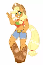 Size: 1263x1900 | Tagged: abs, alternative cutie mark placement, anthro, applejack, applejacked, applejack's hat, artist:meb90, belly button, breasts, cleavage, clothes, cowboy hat, derpibooru import, female, freckles, front knot midriff, hat, looking at you, midriff, muscles, safe, shoulder cutie mark, simple background, smiling, solo, unguligrade anthro, white background