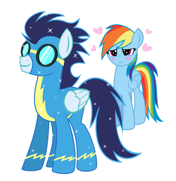 Size: 1024x1056 | Tagged: safe, artist:sunsetsparkle129, derpibooru import, rainbow dash, soarin', pony, blushing, clothes, female, goggles, male, shipping, soarindash, sparkling, straight, uniform, wonderbolts uniform