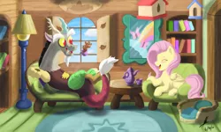 Size: 1280x768 | Tagged: artist:deviousshadow, blushing, derpibooru import, discord, fluttershy, fluttershy's cottage, food, hydrokinesis, laughing, magic, safe, tea