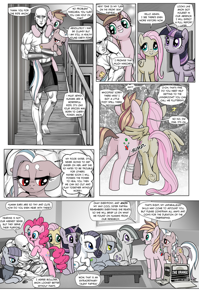 Size: 1309x1920 | Tagged: safe, artist:pencils, derpibooru import, boulder (pet), fluttershy, limestone pie, marble pie, maud pie, pinkie pie, rarity, twilight sparkle, twilight sparkle (alicorn), oc, oc:anon, oc:mascara maroon, oc:papyra maroon, alicorn, earth pony, human, pegasus, pony, unicorn, comic:anon's pie adventure, anon ride, bandage, barefoot, box, bracer, butt, cardboard box, clothes, comic, dialogue, dock, feet, female, filly, frog (hoof), holding a pony, human male, male, mare, metal gear, metal gear solid, piggyback ride, plot, ponies riding humans, pun, question mark, riding, shorts, sitting, underhoof, visual pun