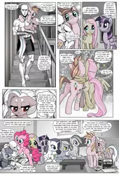 Size: 1309x1920 | Tagged: safe, artist:pencils, derpibooru import, boulder (pet), fluttershy, limestone pie, marble pie, maud pie, pinkie pie, rarity, twilight sparkle, twilight sparkle (alicorn), oc, oc:anon, oc:mascara maroon, oc:papyra maroon, alicorn, earth pony, human, pegasus, pony, unicorn, comic:anon's pie adventure, anon ride, bandage, barefoot, box, bracer, butt, cardboard box, clothes, comic, dialogue, dock, feet, female, filly, frog (hoof), holding a pony, human male, male, mare, metal gear, metal gear solid, piggyback ride, plot, ponies riding humans, pun, question mark, riding, shorts, sitting, underhoof, visual pun