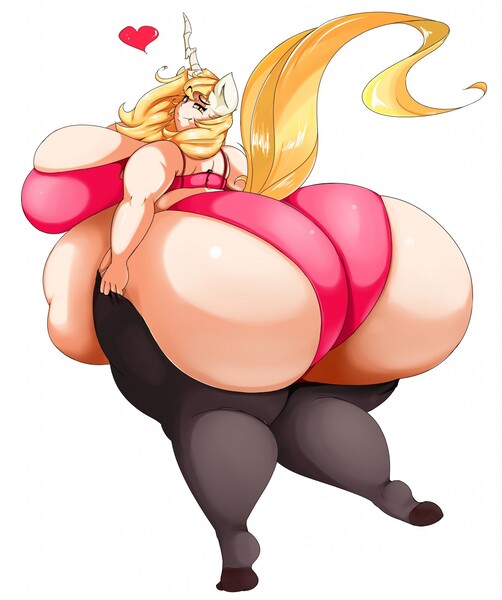 Size: 1071x1280 | Tagged: anthro, artist:high-on-fairydust, ass, bbw, belly, big breasts, bra, bra overflow, breasts, butt, changeling, chunkling, clothes, derpibooru import, fat, female, heart, huge breasts, huge butt, impossibly large breasts, impossibly large butt, large butt, looking at you, looking back, oc, oc:aurora industry (ic), panties, plantigrade anthro, questionable, socks, solo, solo female, ssbbw, stockings, thigh highs, underwear, unofficial characters only, white changeling