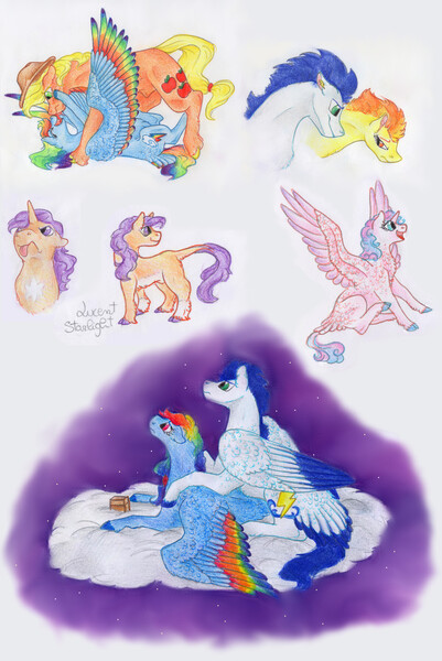 Size: 8544x12800 | Tagged: questionable, artist:dawn22eagle, derpibooru import, applejack, princess flurry heart, rainbow dash, soarin', spitfire, oc, oc:lucent starlight, earth pony, pegasus, pony, unicorn, absurd resolution, appledash, appledash (straight), applejack (male), cloven hooves, colored hooves, colored wings, female, half r63 shipping, leonine tail, lesbian, male, multicolored wings, next generation, nudity, offspring, parent:starlight glimmer, parent:sunburst, parents:starburst, rainbow wings, rule 63, sheath, shipping, soarindash, soarinfire, straight, tail feathers, traditional art, unshorn fetlocks, wings