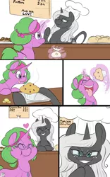 Size: 3300x5281 | Tagged: safe, artist:anonopony, derpibooru import, oc, oc:gizmo gears, oc:salem cuisine, unofficial characters only, pony, bakery, bandana, bread, chef's hat, comic, eating, evil grin, eyes closed, food, glasses, glowing horn, grin, hat, heart, horn, magic, muffin, nose in the air, smiling, telekinesis, this will end in weight gain, tongue out, usb necklace