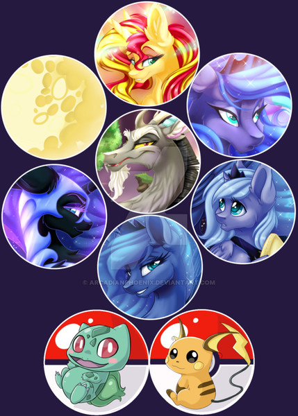 Size: 600x840 | Tagged: safe, artist:arcadianphoenix, derpibooru import, discord, nightmare moon, princess luna, sunset shimmer, bulbasaur, pony, raichu, cute, pokémon, s1 luna, watermark