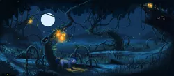 Size: 1024x447 | Tagged: safe, artist:extract-of, derpibooru import, earth pony, firefly (insect), insect, pony, blank flank, concept art, legends of equestria, moon, scenery, swamp