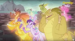 Size: 1660x924 | Tagged: amarant, ballista, barry, billy (dragon), derpibooru import, discovery family logo, dragon, flexing, gauntlet of fire, muscles, prominence, rex (dragon), safe, screencap, viverno