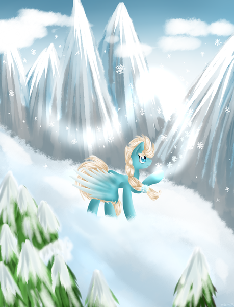 Size: 1024x1339 | Tagged: safe, artist:mufflinka, derpibooru import, ponified, pony, elsa, frozen (movie), mountain, snow, snowfall, solo