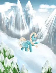 Size: 1024x1339 | Tagged: safe, artist:mufflinka, derpibooru import, ponified, pony, elsa, frozen (movie), mountain, snow, snowfall, solo