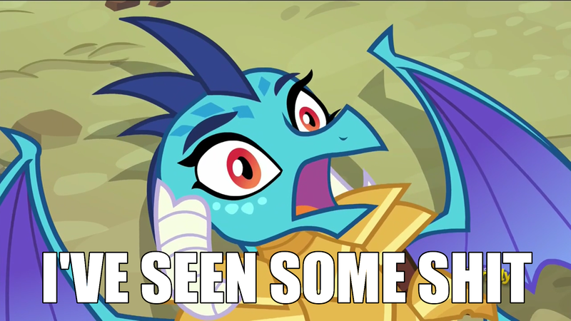 Size: 1920x1080 | Tagged: armor, caption, derpibooru import, dragon, dragon armor, dragoness, edit, edited screencap, female, frown, gauntlet of fire, image macro, i've seen some shit, looking at you, meme, on back, princess ember, safe, screencap, shocked, solo, spread wings, text, vulgar, wide eyes, wings