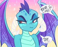 Size: 1800x1441 | Tagged: angry, artist:xieril, blushing, cute, derpibooru import, dialogue, dragon, emberbetes, female, gauntlet of fire, i'm not cute, madorable, offscreen character, princess ember, safe, solo, speech bubble, tsundember, tsundere, vulgar
