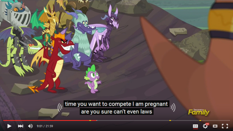 Size: 853x479 | Tagged: armor, background dragon, caption, derpibooru import, discovery family logo, dragon, dragon armor, dragon lord torch, edit, edited screencap, garble, gauntlet of fire, male, male pregnancy, meme, pregnant, prominence, rex (dragon), safe, scalio, screencap, snake (dragon), spike, teenaged dragon, the happiest of dragons, thod, vex, youtube, youtube caption