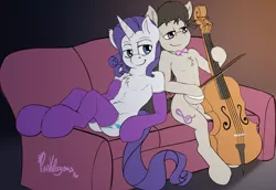 Size: 2000x1375 | Tagged: artist:punk-pegasus, bare chest, bow (instrument), cello, cello bow, clothes, collar, couch, derpibooru import, female, lesbian, musical instrument, octavia melody, raritavia, rarity, semi-anthro, shipping, socks, suggestive