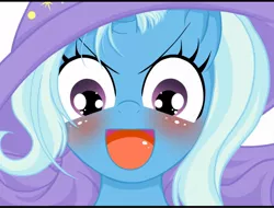 Size: 902x686 | Tagged: safe, artist:zat, derpibooru import, trixie, pony, unicorn, >:d, blushing, cute, diatrixes, female, mare, solo