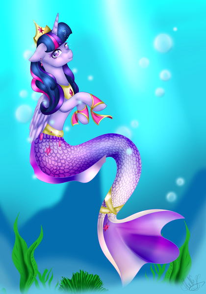 Size: 2995x4279 | Tagged: alicorn, artist:midfire, bubble, derpibooru import, merpony, safe, seaponified, seapony (g4), seapony twilight, solo, species swap, twilight sparkle, twilight sparkle (alicorn), underwater