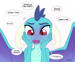 Size: 1500x1252 | Tagged: artist:zoarity, blushing, cute, derpibooru import, dragon, embarrassed, emberbetes, fear me, female, gauntlet of fire, i'm not cute, open mouth, princess ember, safe, simple background, solo, speech bubble, spread wings, tsundember, tsundere, waifu, white background, wide eyes, wings