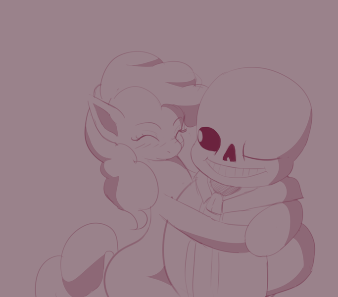 Size: 1444x1268 | Tagged: artist:jakashi, crossover, derpibooru import, hug, monochrome, pinkie pie, safe, sans pie, sans (undertale), undertale