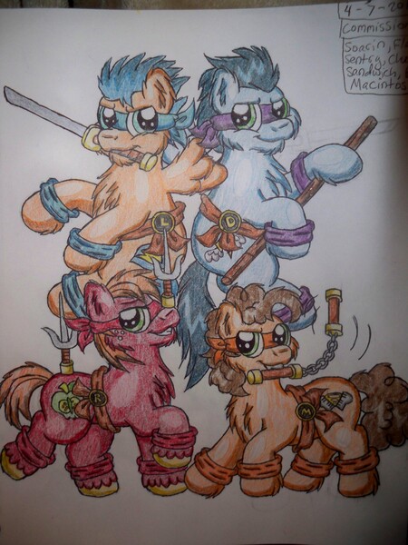 Size: 2736x3648 | Tagged: safe, artist:shelby100, derpibooru import, big macintosh, cheese sandwich, flash sentry, soarin', earth pony, pony, best friends, bow, donatello, group, leonardo, male, michelangelo, ninja, nunchucks, pencil drawing, raphael, stallion, sword, teenage mutant ninja turtles, traditional art, weapon