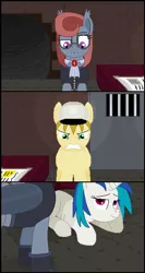 Size: 325x609 | Tagged: safe, artist:herooftime1000, derpibooru import, vinyl scratch, oc, oc:cryptania, oc:muscle milk, bat pony, pony, octavia in the underworld's cello, angry, confused, dungeon, pixel art, smug smile