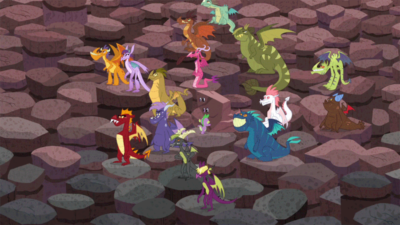 Size: 900x506 | Tagged: alicorn, amarant, animated, background dragon, baff, ballista, barry, billy (dragon), clump, derpibooru import, disguise, dragon, dragoness, female, fizzle, fume, garble, gauntlet of fire, male, prominence, rarity, rex (dragon), rock costume, safe, scalio, screencap, snake (dragon), spear (dragon), spike, teenaged dragon, the happiest of dragons, thod, twilight sparkle, twilight sparkle (alicorn), vex, viverno