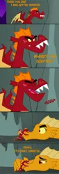 Size: 600x1755 | Tagged: artist:queencold, cave, comforting, comic, derpibooru import, dragon, dragoness, dragon oc, female, garble, garble's hugs, gauntlet of fire, hug, male, misunderstanding, mother, mother and child, mother and son, oc, oc:caldera, parent, safe, teenaged dragon