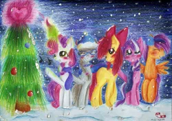 Size: 1024x720 | Tagged: apple bloom, artist:mufflinka, cutie mark crusaders, derpibooru import, ft, hearth's warming eve, safe, scootaloo, silver spoon, snow, snowfall, sweetie belle, traditional art