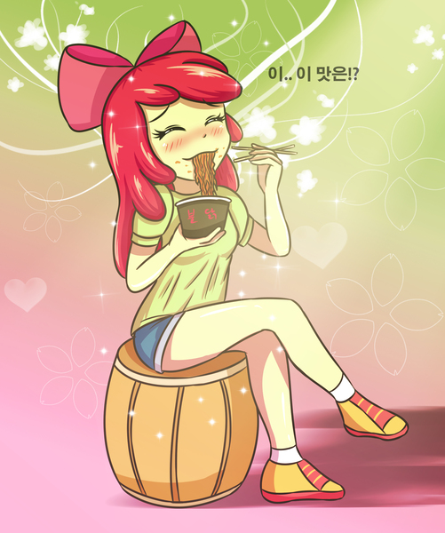 Size: 2900x3472 | Tagged: safe, artist:sumin6301, derpibooru import, apple bloom, equestria girls, adorabloom, apple bloom's bow, barrel, bow, chopsticks, clothes, crossed legs, cute, eating, eyes closed, food, hair bow, korean, noodles, shoes, shorts, sitting, sneakers, socks, solo