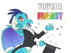 Size: 1090x820 | Tagged: artist:carnifex, caption, derpibooru import, dragon, ember's hat trick, faggot, gauntlet of fire, hat, image macro, magician, meme, op is a faggot, princess ember, safe, solo, text, top hat, ur a faget, vulgar