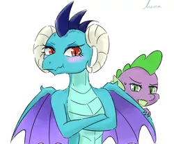 Size: 1200x1000 | Tagged: artist:kanaowo, derpibooru import, dragon, emberspike, female, gauntlet of fire, male, my little sister can't be this cute, princess ember, safe, scrunchy face, shipping, spike, straight, tsundember, tsundere