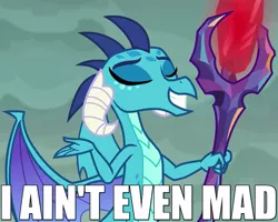 Size: 625x500 | Tagged: bloodstone scepter, caption, derpibooru import, dragon, dragon lord ember, eyes closed, gauntlet of fire, grin, i ain't even mad, image macro, meme, princess ember, reaction image, safe, screencap, smiling, solo, text