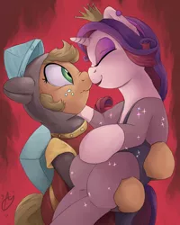 Size: 1280x1600 | Tagged: safe, artist:aquaticsun, derpibooru import, applejack, rarity, earth pony, pony, unicorn, boop, bridal carry, carrying, clothes, dirk the daring, dragon's lair, eyes closed, female, freckles, lesbian, mare, nose wrinkle, noseboop, open mouth, princess daphne, rarijack, scrunchy face, shipping