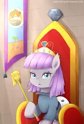 Size: 1227x1800 | Tagged: artist:pika-chany, boulder (pet), derpibooru import, maud pie, princess, safe, scepter, solo, throne, twilight scepter